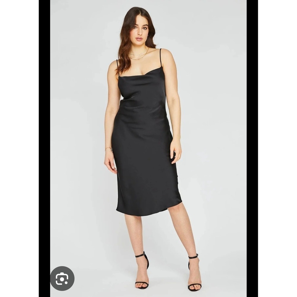 Gentle Fawn Black Midi Slip Dress Spaghetti Strap Cowl Neck Satin